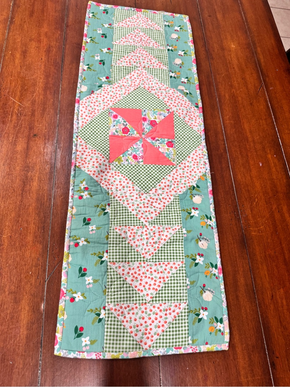 Quilted Table Runner 35x12 Green Gingham Floral Cottagecore Patchwork Farmhouse